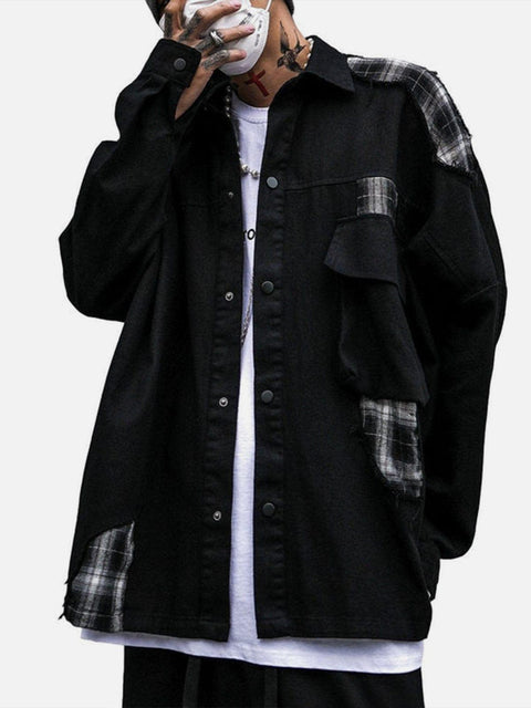 Plaid Patchwork Long Sleeve Shirt - Anagoc