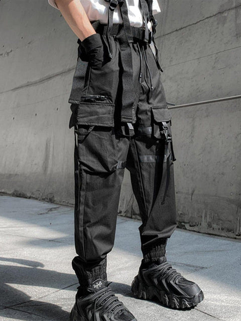Multi Pockets Ribbons Cargo Pants - Anagoc