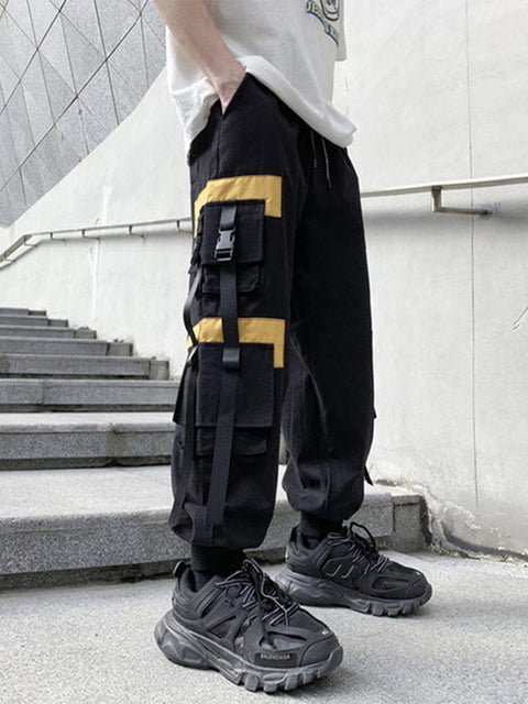 Techwear Patchwork Pockets Ribbons Cargo Pants - Anagoc