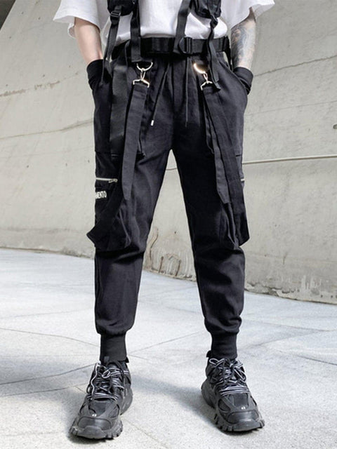 Side Zipper Pockets Ribbons Cargo Pants - Anagoc