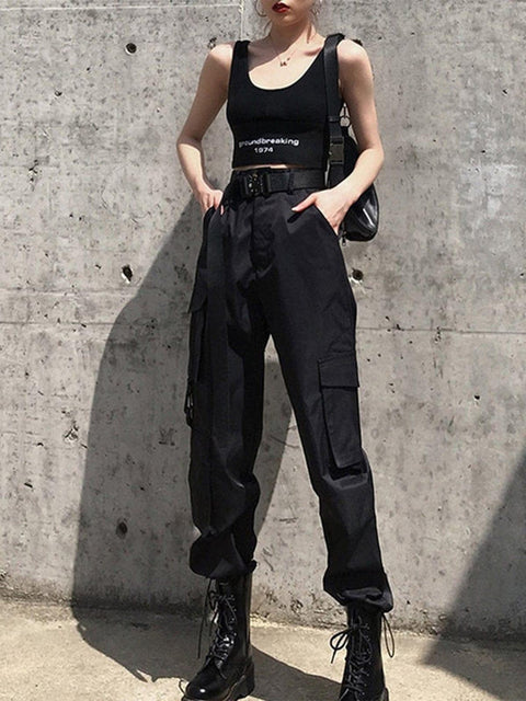 Black Personalized Belt Cargo Pants - Anagoc
