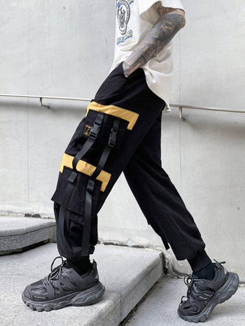 Techwear Patchwork Pockets Ribbons Cargo Pants - Anagoc