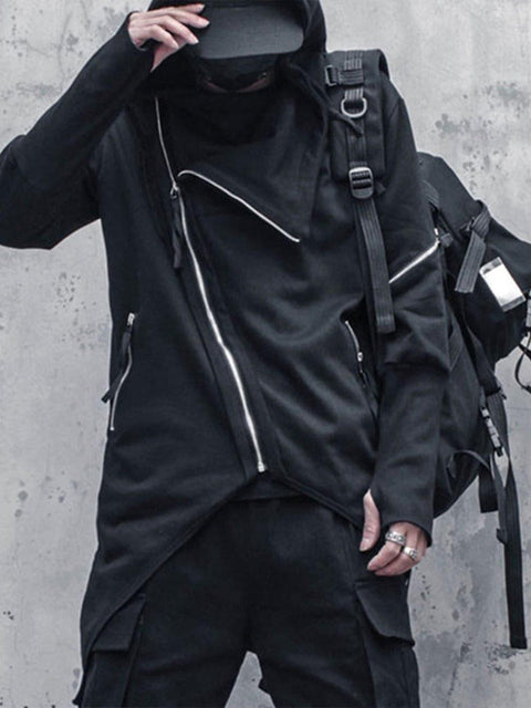 Dark Asymmetric Side Zip Cape Jacket - Anagoc