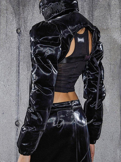 Techwear Solid Ribbons Turtleneck Cropped Winter Coat - Anagoc