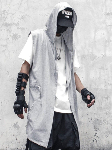 Solid Color Hooded Drawstring Waist Vest - Anagoc