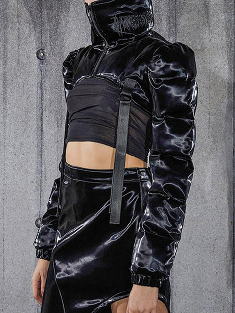 Techwear Solid Ribbons Turtleneck Cropped Winter Coat - Anagoc