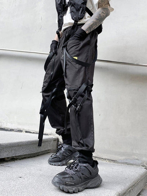 Zipper Pockets Multi Ribbons Cargo Pants - Anagoc