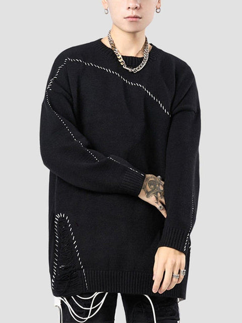 Bright Line Ripped Knitted Sweater - Anagoc