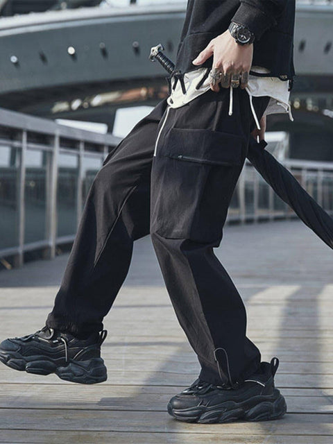 Functional Zipper Pockets Drawstring Pants - Anagoc