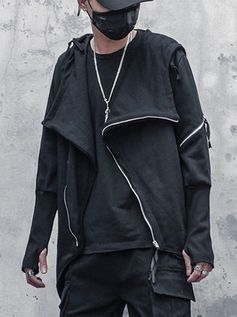 Dark Asymmetric Side Zip Cape Jacket - Anagoc