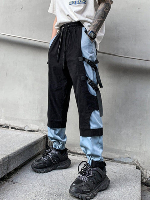 Patchwork Ribbons Buckle Cargo Pants - Anagoc