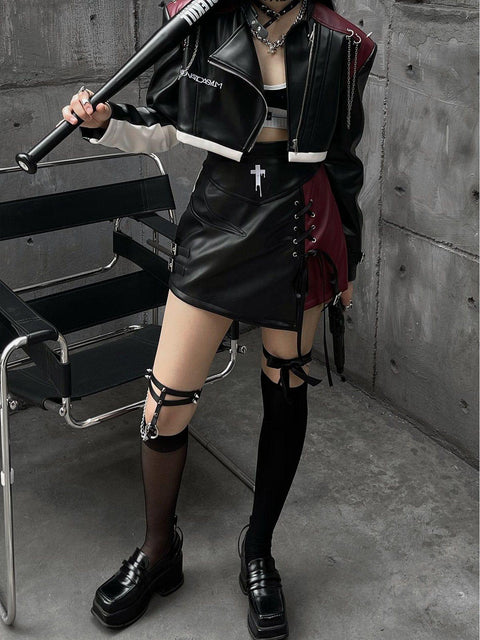 Lace-up Patchwork Punk Skirt - Anagoc