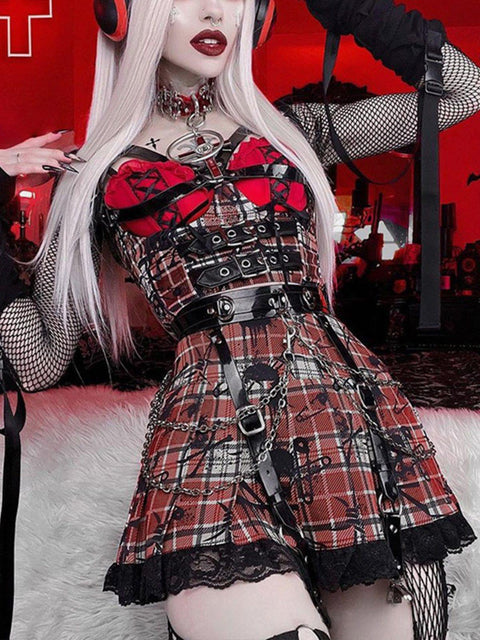 Plaid Skull Vest Suit - Anagoc