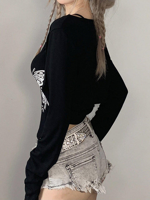 Detachable Irregular Suspenders Long Sleeve T Shirt - Anagoc