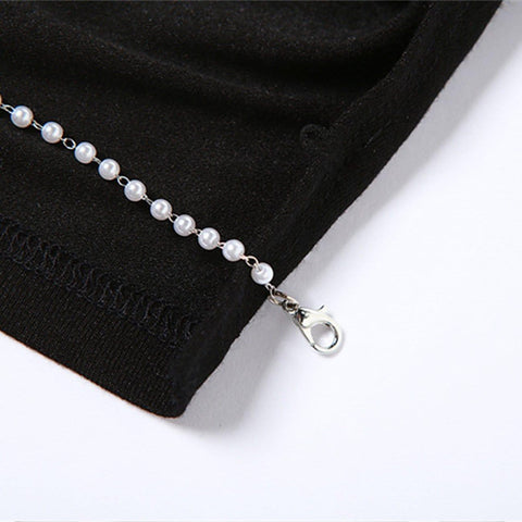 Hollow Irregular Pearl Chain Short Sleeve T Shirt - Anagoc