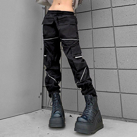 Asymmetric Zipper Reflective Strip Cargo Pants - Anagoc