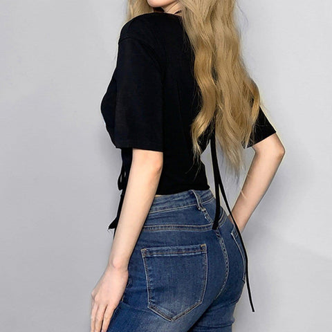 Sexy Wing Print Tie Short Sleeve T Shirt - Anagoc