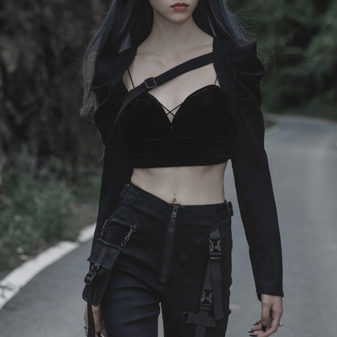 Diagonal Straps Pleated Cropped Jacket - Anagoc