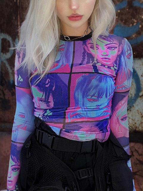 Colorful Cartoon Print Long Sleeve T Shirt - Anagoc
