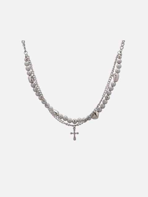 Personalized Pearl Cross Double Necklace - Anagoc