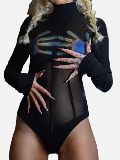 Mesh Neon Palm Long Sleeve Jumpsuit - Anagoc
