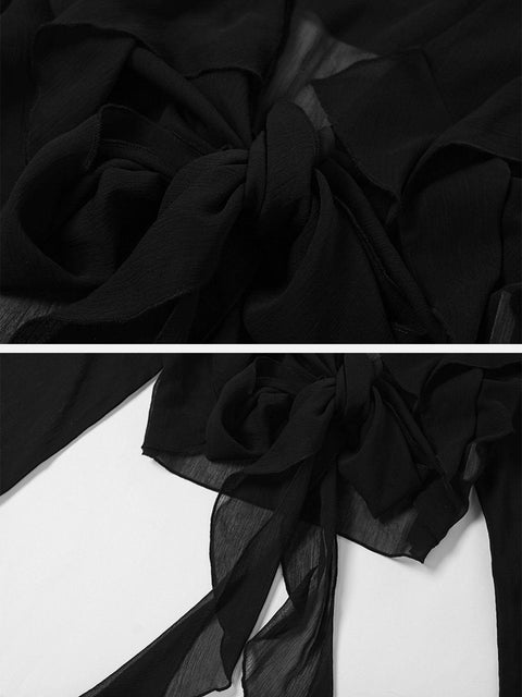 Mesh Ribbon Long Sleeve T Shirts - Anagoc