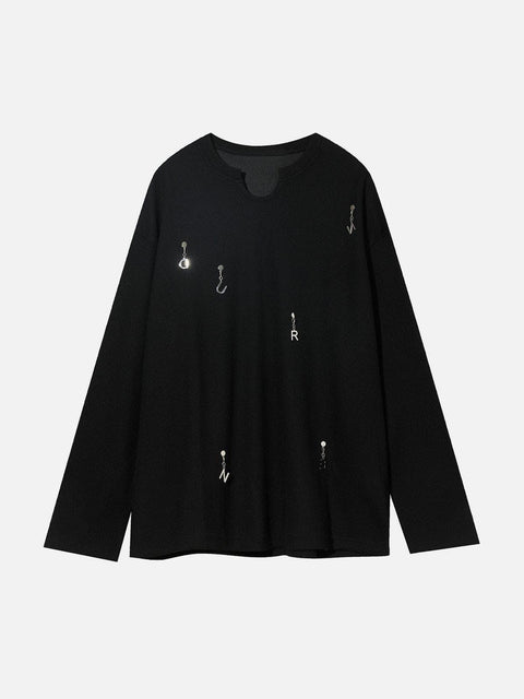 Solid Color Chain Design Sweatshirt - Anagoc