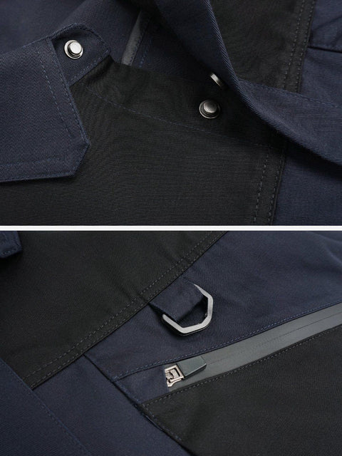 Patchwork Big Pockets Long Sleeve Shirt - Anagoc