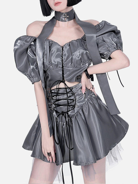 Puff Sleeves Short Sleeve T Shirt Suit - Anagoc