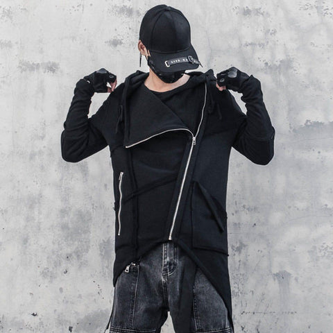 Dark Function Irregular Diagonal Zipper Hooded Jacket - Anagoc