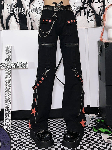 Dark Star Ribbon Zip Wide-Leg Pants - Anagoc