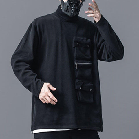 Dark Functional Multi-pocket Turtleneck Sweatshirt - Anagoc