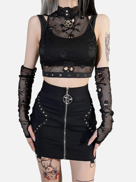 Skull Mesh Lace Cuff Shirt - Anagoc