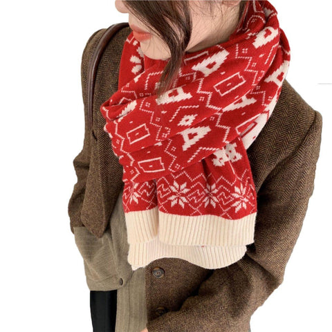 Christmas Tree Snowflakes Patchwork Knit Scarf - Anagoc