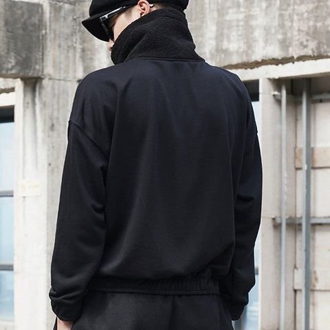Dark Sherpa High-neck Drawstring Sweatshirt - Anagoc