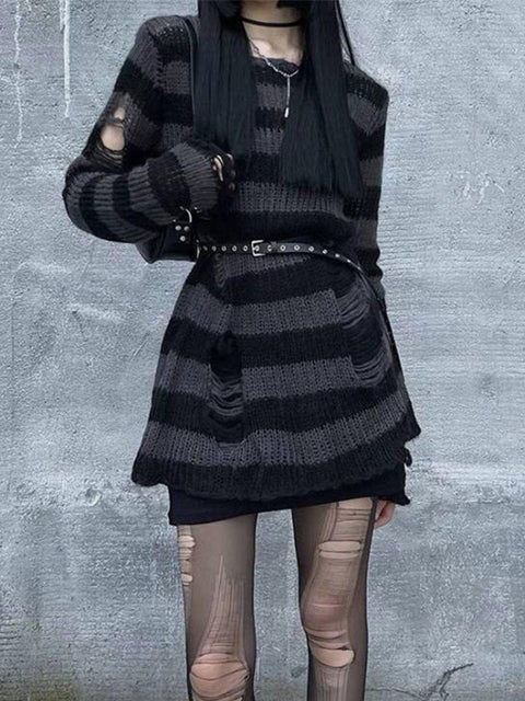 Hollow Hole Stripe Sweater - Anagoc