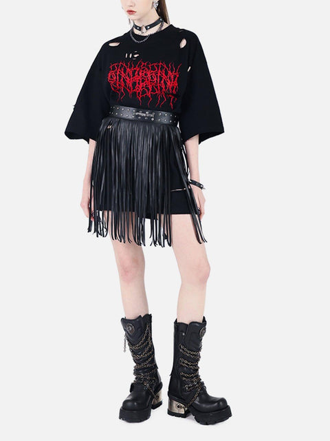 Irregular Hole Thorn Letters Tee - Anagoc