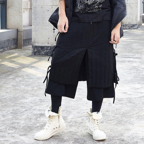Dark Fake Two Bandage Oversized Thick Ankle-length Pants - Anagoc