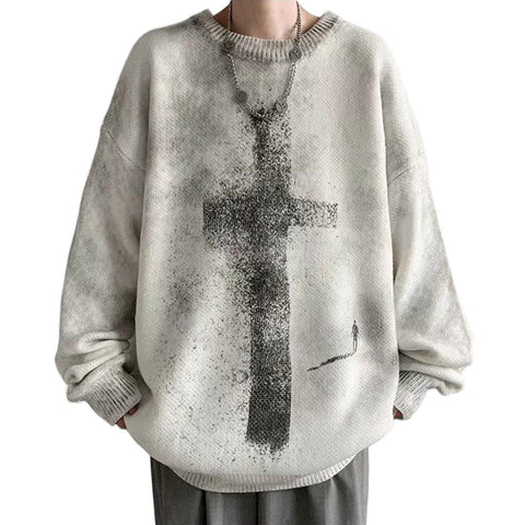 Dark Tie Dye Cross Knitted Sweater - Anagoc