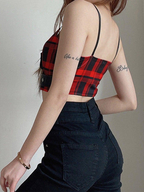 PU Buckle Patchwork Plaid Vest - Anagoc