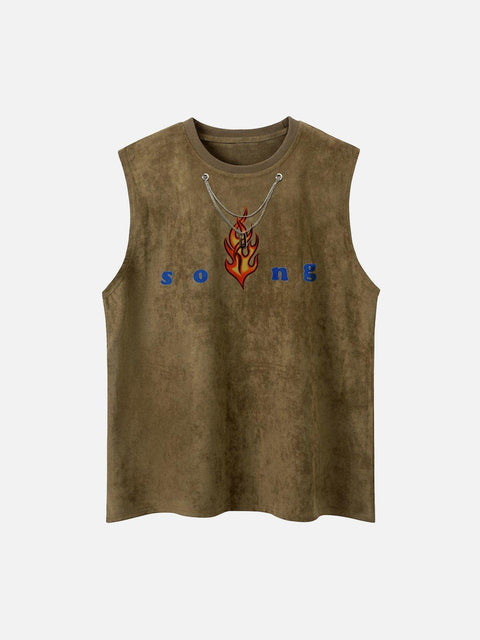 Necklace Flame Print Suede Vest - Anagoc