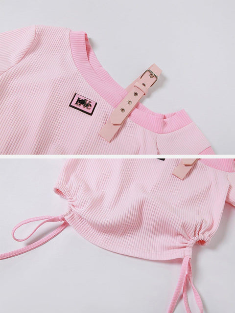 Irregular Shoulder Strap Short Sleeve T Shirt - Anagoc