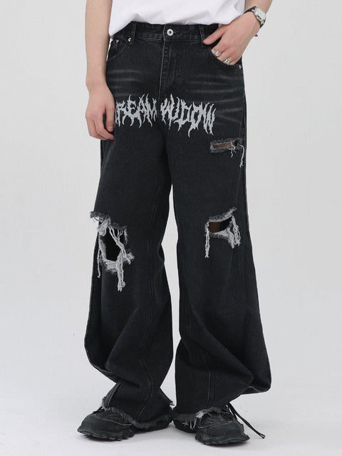 Gothic Alphabet Hole Jeans - Anagoc