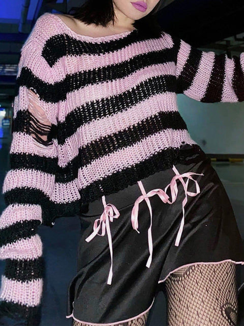Stripe Hole Short Sweater - Anagoc