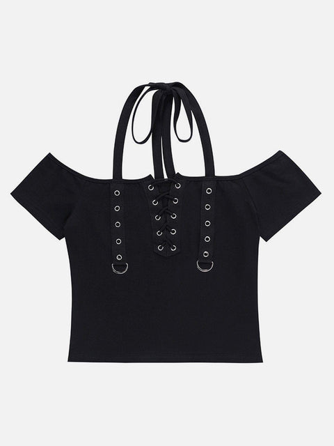 Straps Halter Neck Short Sleeve T Shirt - Anagoc