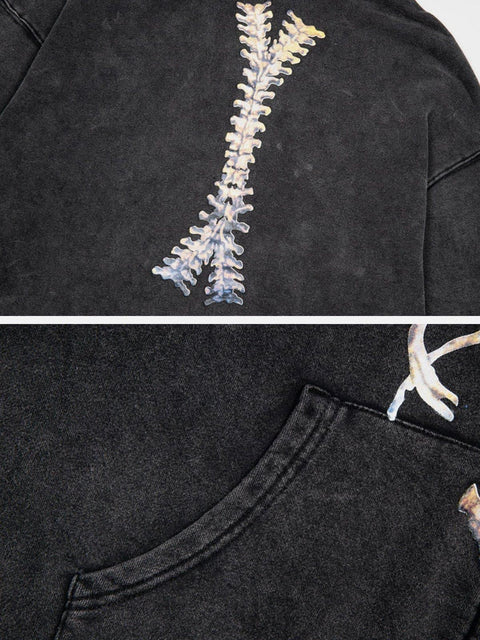 Washed Skeleton Pattern Zip Up Hoodie - Anagoc