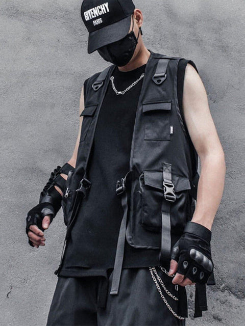 Function Dark Ninja Ribbons Pockets Cardigan Vest - Anagoc