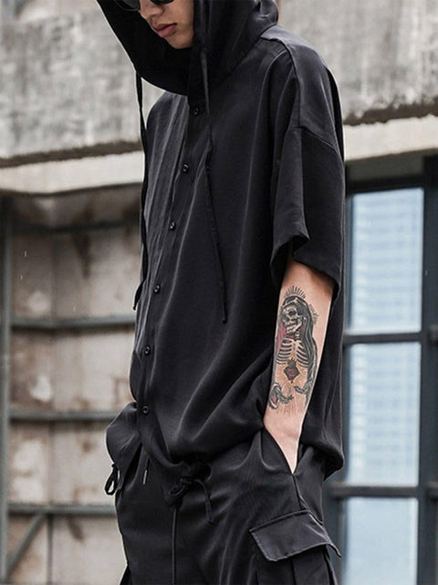 Dark Elastic Oversized Hooded Shirt - Anagoc