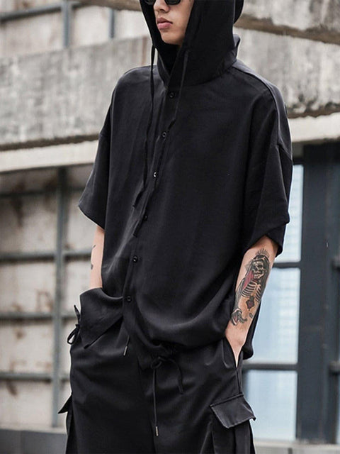 Dark Elastic Oversized Hooded Shirt - Anagoc