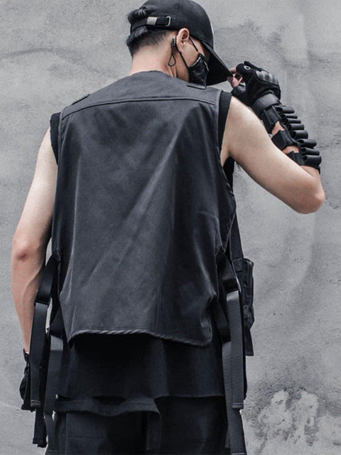 Function Dark Ninja Ribbons Pockets Cardigan Vest - Anagoc